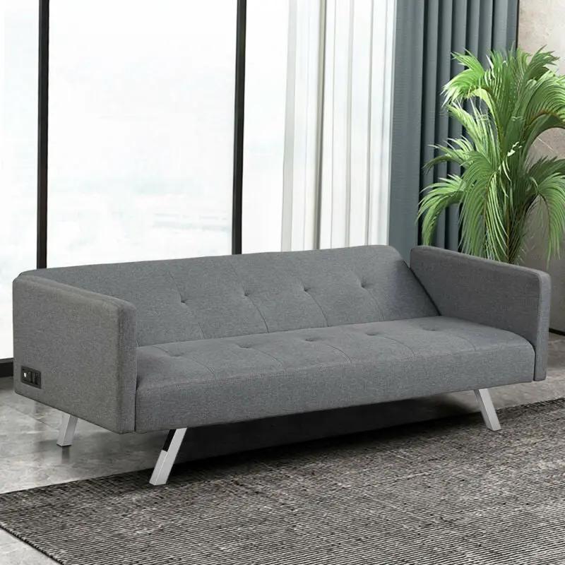 3 Seat Convertible Linen Fabric Futon Sofa with USB and Power Strip by DirectDeals