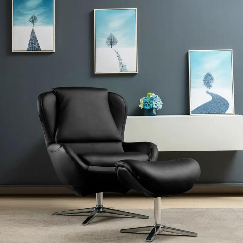 360¬∞ Swivel Leather Lounge Chair with Ottoman and Aluminum Alloy Base by DirectDeals