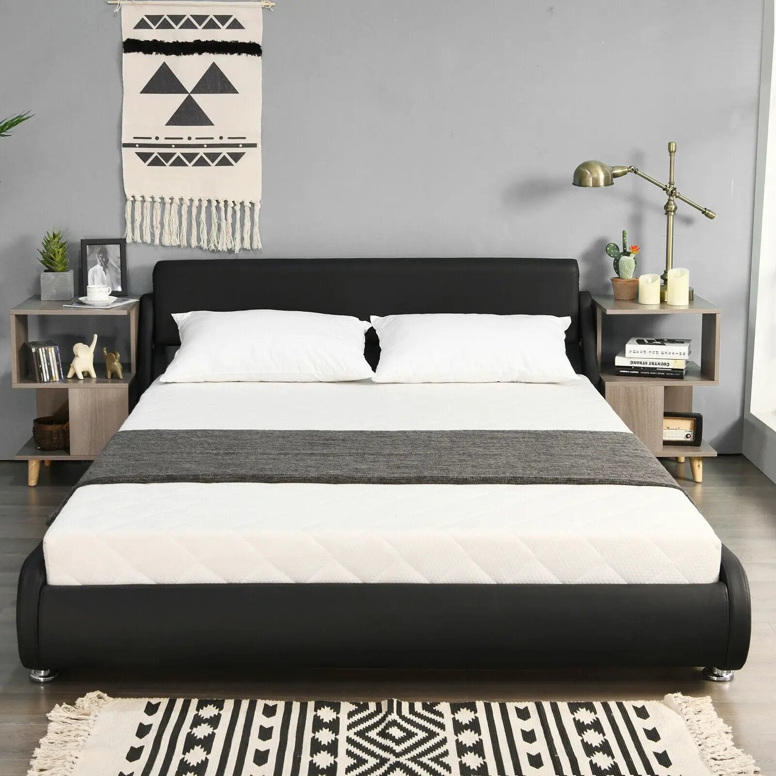 Queen Faux Leather Upholstered Platform Bed Frame Adjustable Headboard-Black by DirectDeals