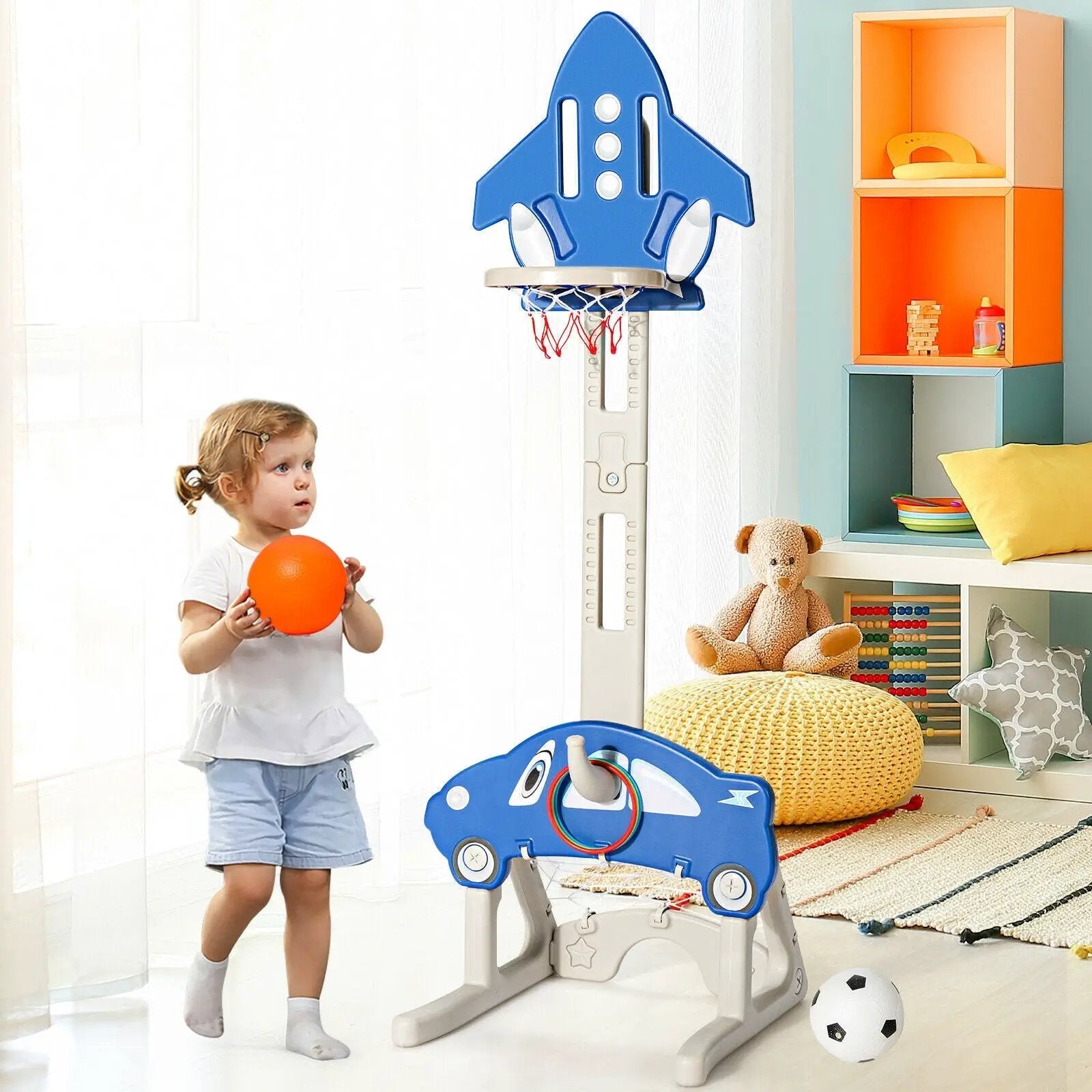 3-in-1 Basketball Hoop for Kids with Balls-Blue by DirectDeals