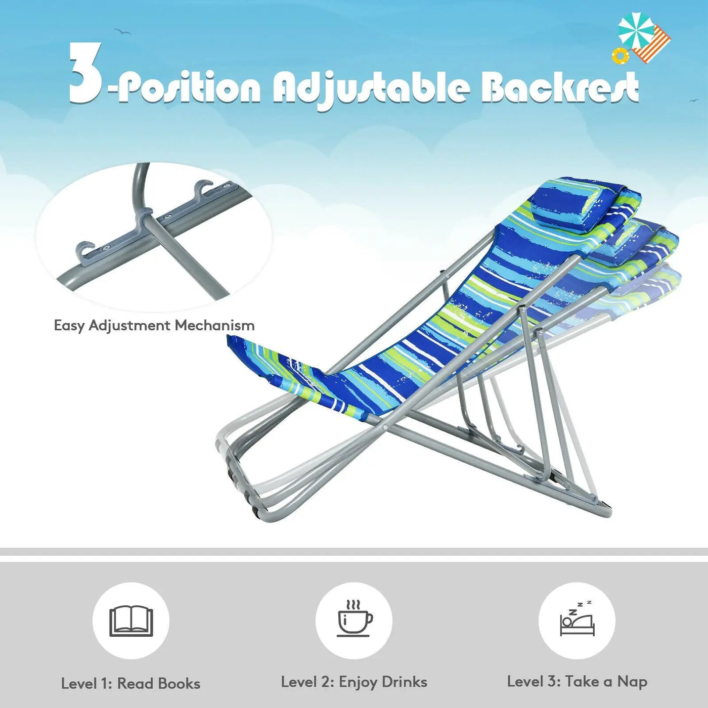 Portable Beach Chair Set of 2 with Headrest by DirectDeals