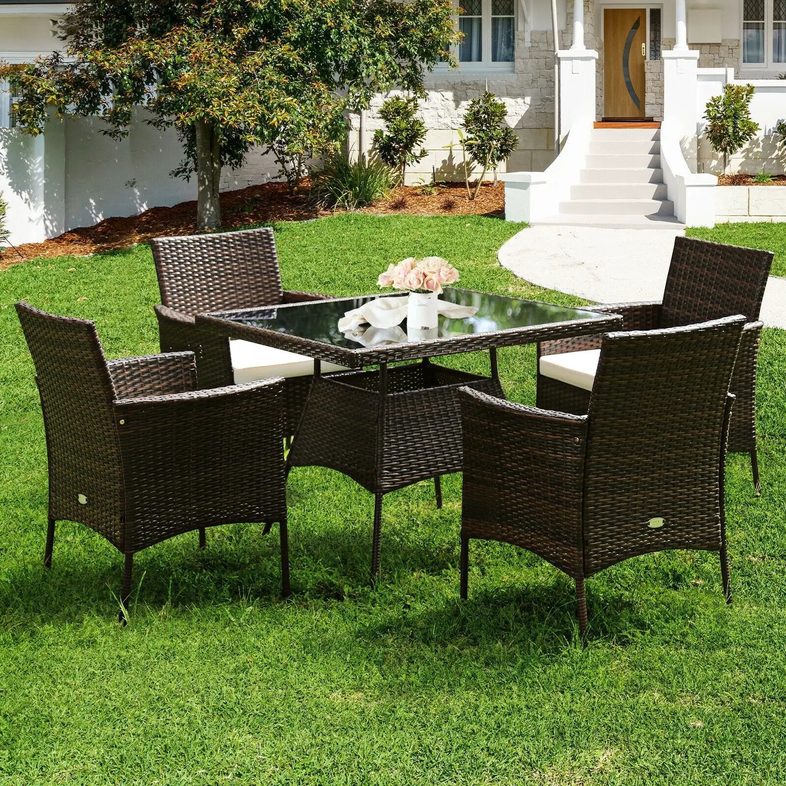 5 Pieces Patio Rattan Dining Furniture Set with Arm Chair and Wooden Table Top by DirectDeals