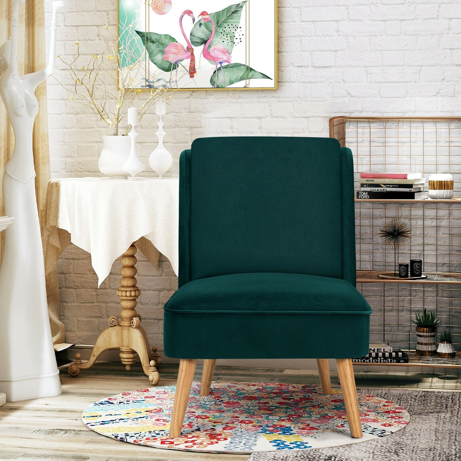 Velvet Accent Armless Side Chair with Rubber Wood Legs for Bedroom by DirectDeals