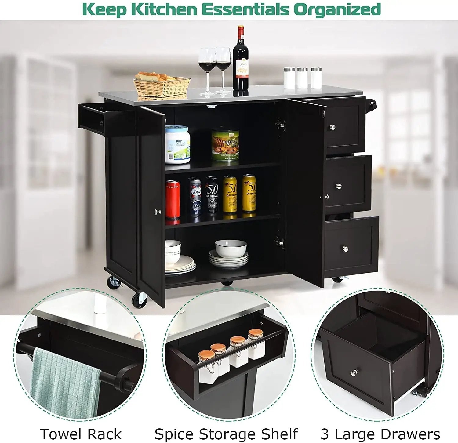 Kitchen Island 2-Door Storage Cabinet with Drawers and Stainless Steel Top by DirectDeals