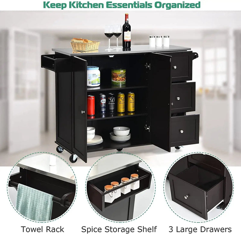 Kitchen Island 2-Door Storage Cabinet with Drawers and Stainless Steel Top by DirectDeals