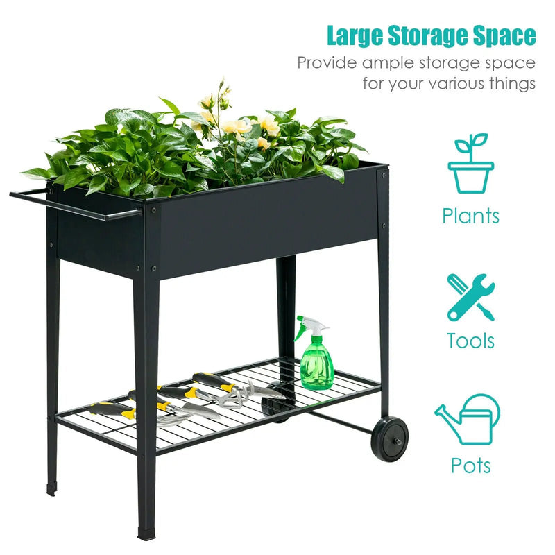 Raised Garden Bed Elevated Planter Box on Wheels Steel Planter with Shelf-Black by DirectDeals