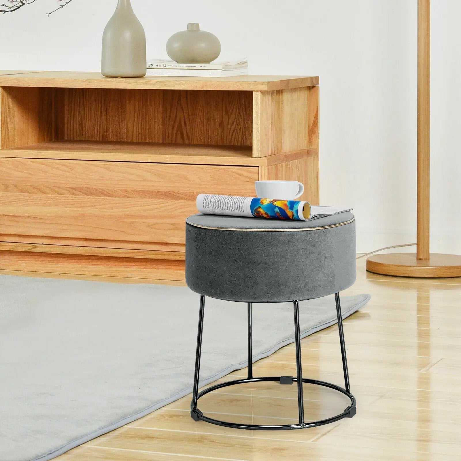 Round Velvet Footrest Stool Ottoman with Non-Slip Foot Pads for Bedside by DirectDeals