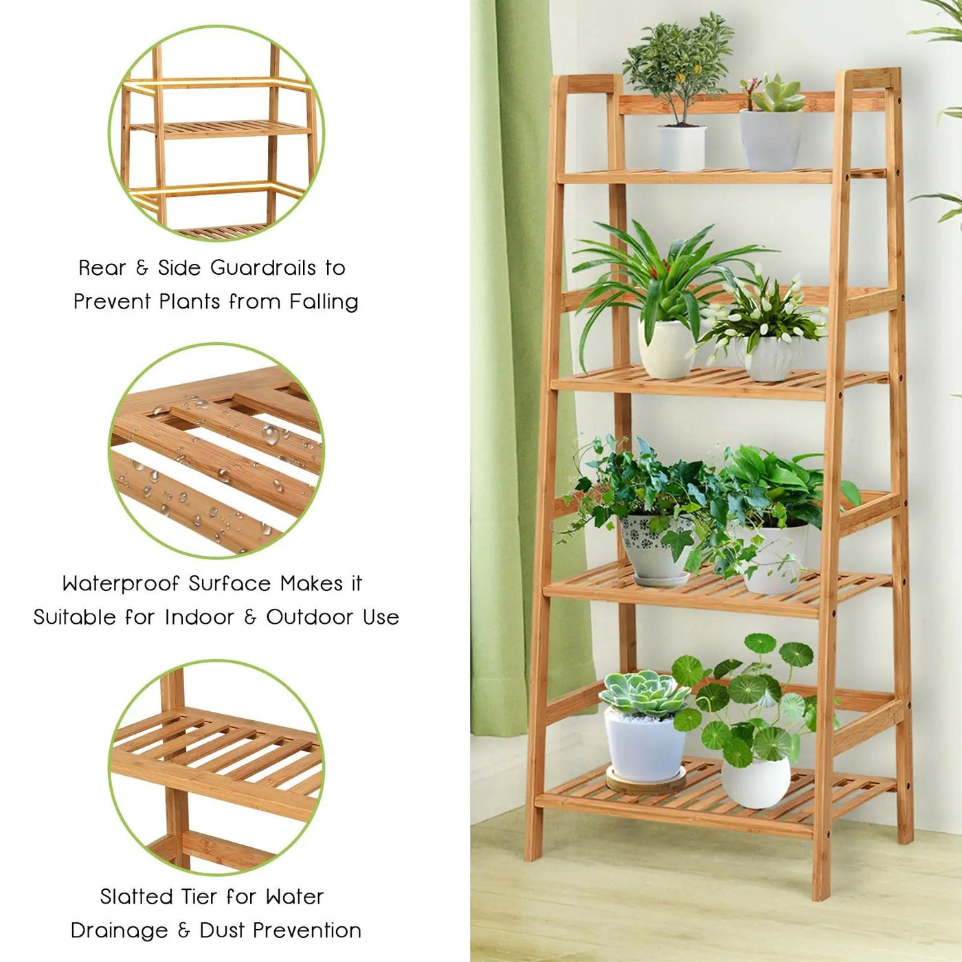 4-Tier Bamboo Plant Rack with Guardrails Stable and Space-Saving by DirectDeals