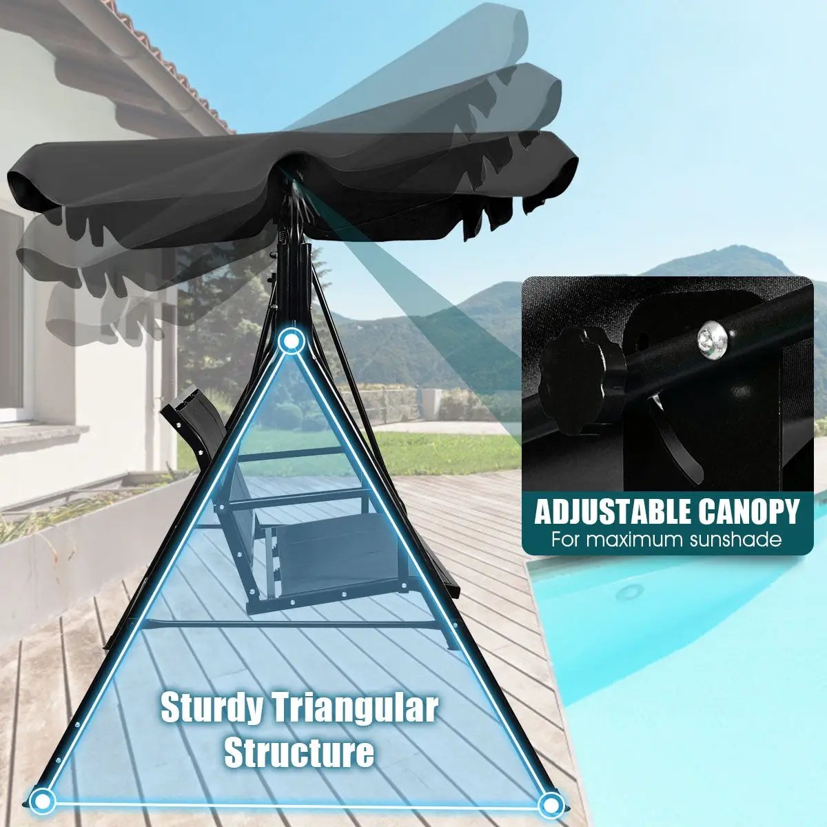 3 Person Steel Frame Patio Swing with Polyester Angle and Adjustable Canopy by DirectDeals