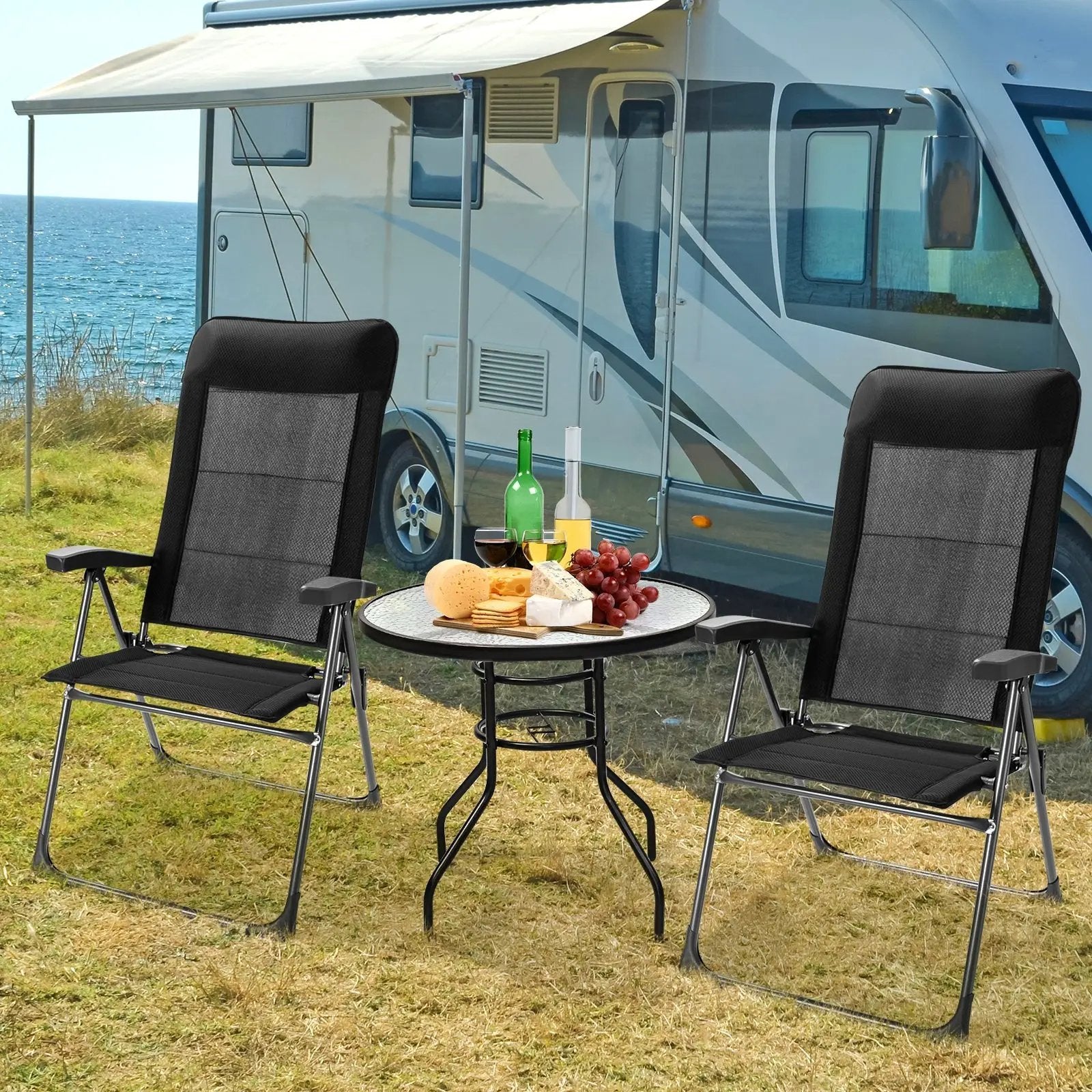 2 Pcs Portable Patio Folding Dining Chairs with Headrest Adjust for Camping -Black by DirectDeals