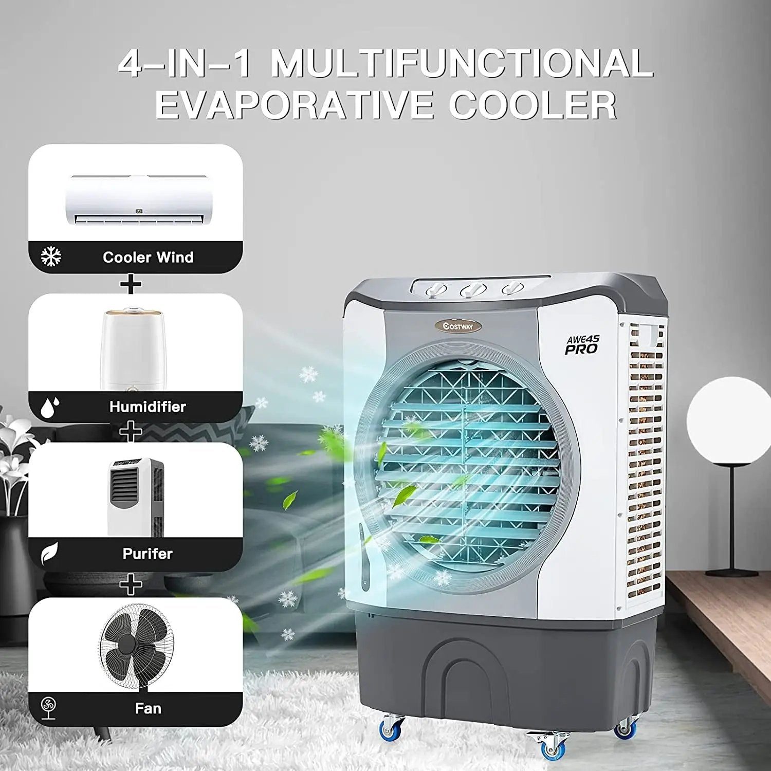 4-in-1 Industrial Evaporative Air Cooler Fan with 12 Gallon Tank and Wheels-Gray by DirectDeals