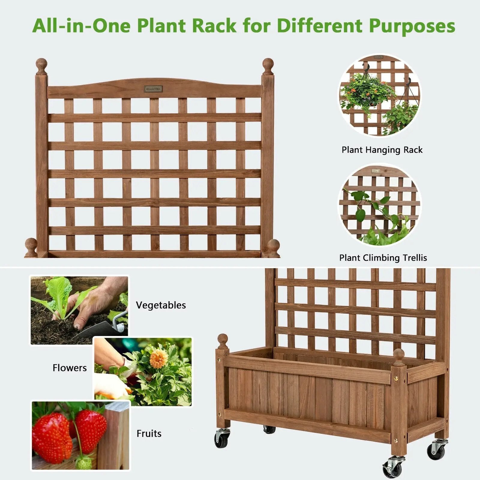 32in Wood Planter Box with Trellis Mobile Raised Bed for Climbing Plant by DirectDeals