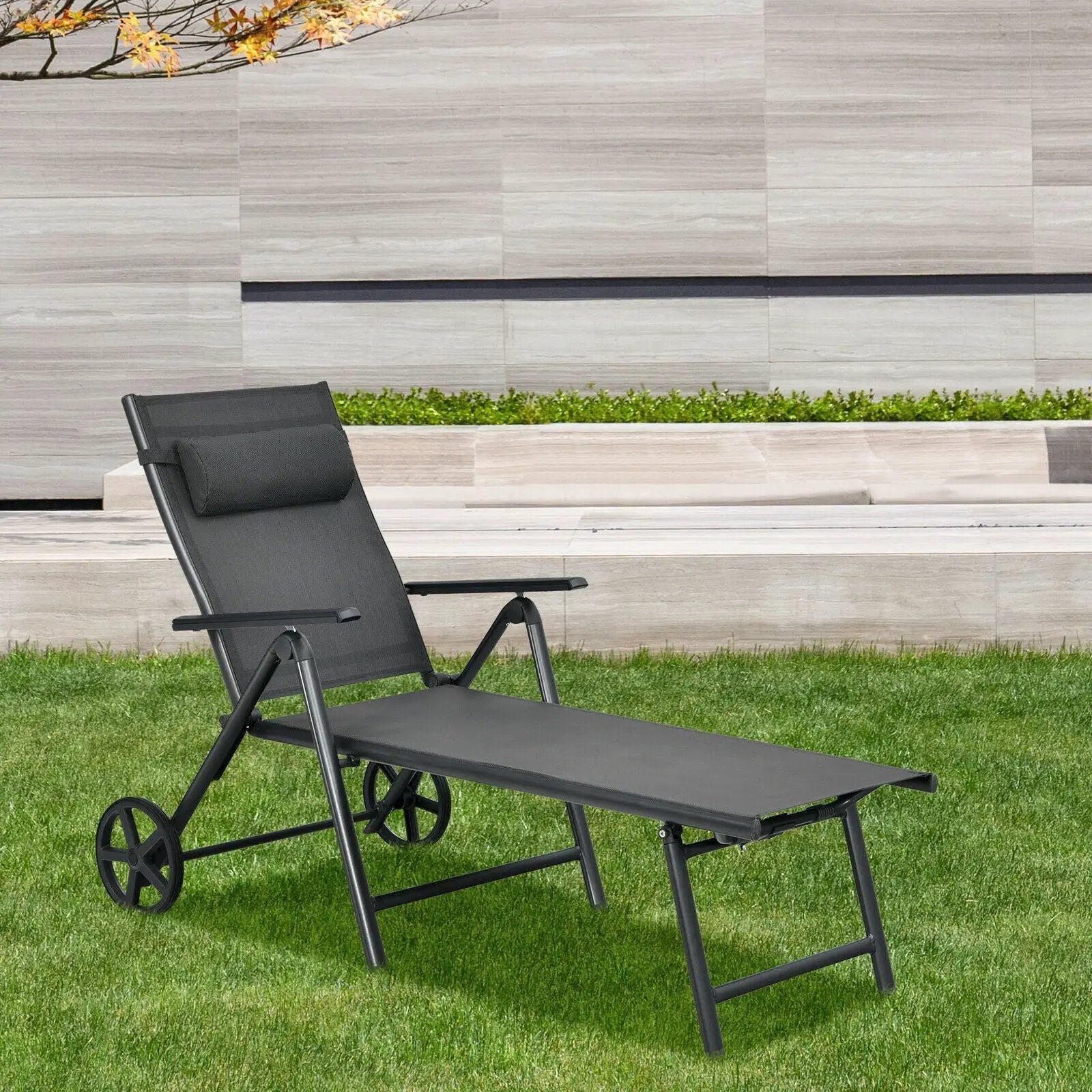 Patio Lounge Chair with Wheels Neck Pillow Aluminum Frame Adjustable-Gray by DirectDeals