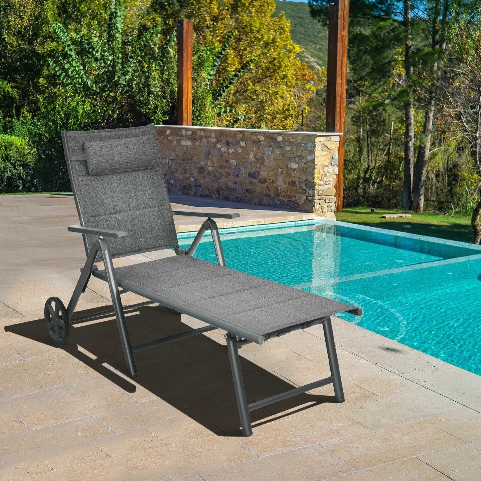 Patio Reclining Chaise Lounge with Adjust Neck Pillow-Gray by DirectDeals