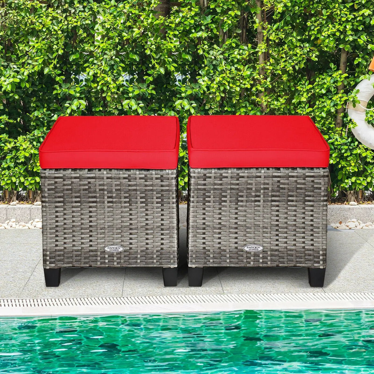 2 Pieces Patio Rattan Ottoman Seat with Removable Cushions-Navy by DirectDeals