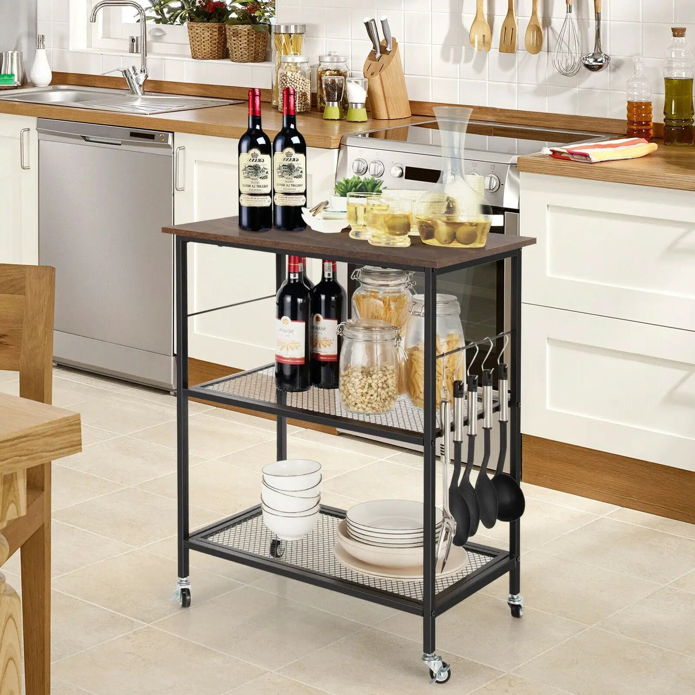 3-Tier Kitchen Serving Cart Utility Standing Microwave Rack with Hooks by DirectDeals