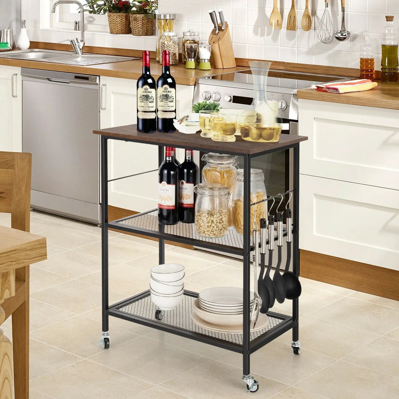 3-Tier Kitchen Serving Cart Utility Standing Microwave Rack with Hooks by DirectDeals