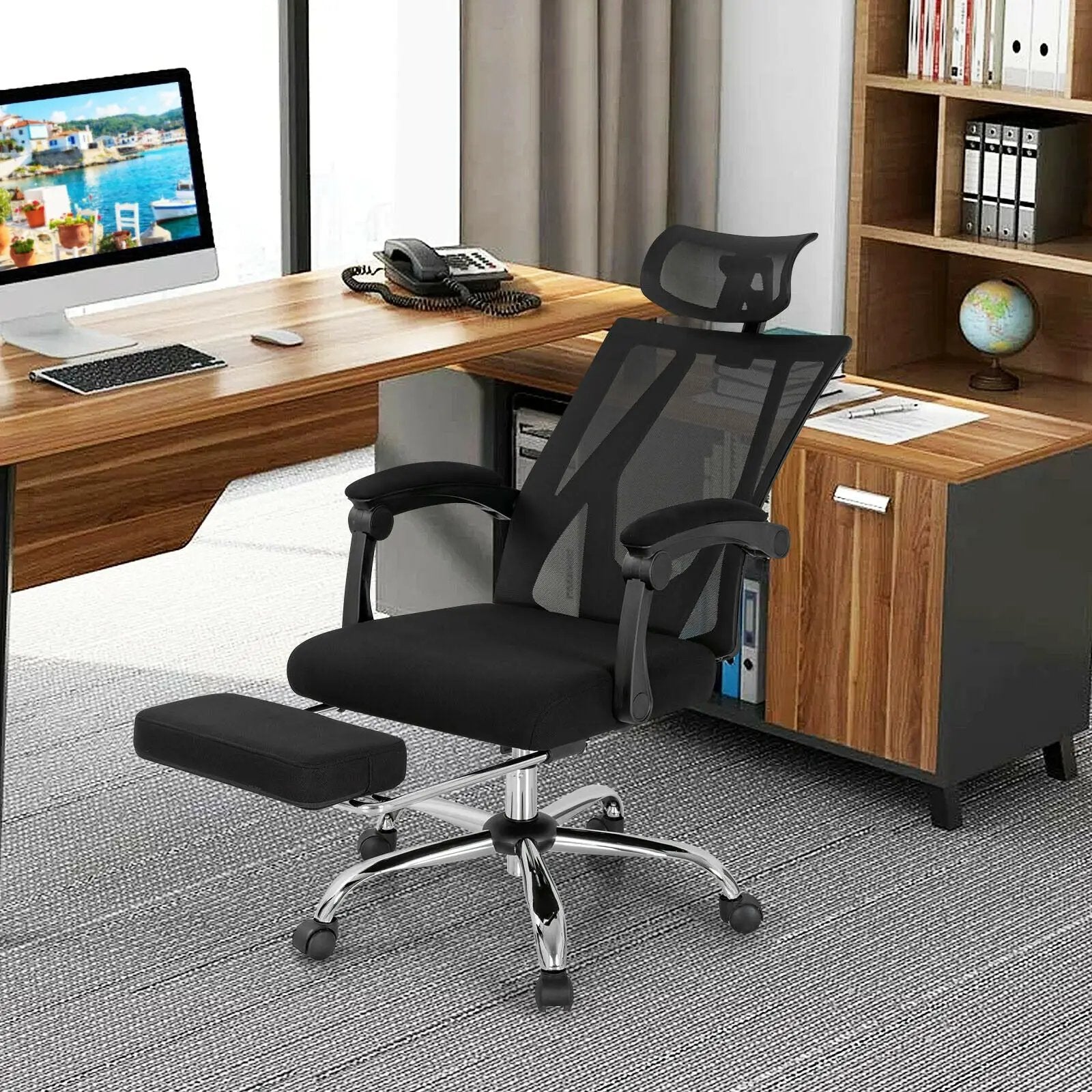 Ergonomic Recliner Mesh Office Chair with Adjustable Footrest-Black by DirectDeals