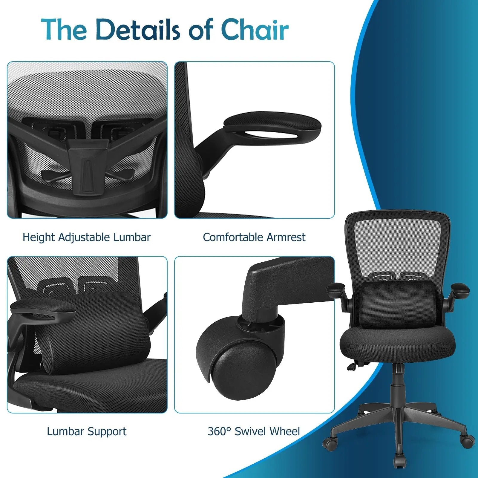 Ergonomic Desk Chair with Lumbar Support and Flip up Armrest-Black by DirectDeals