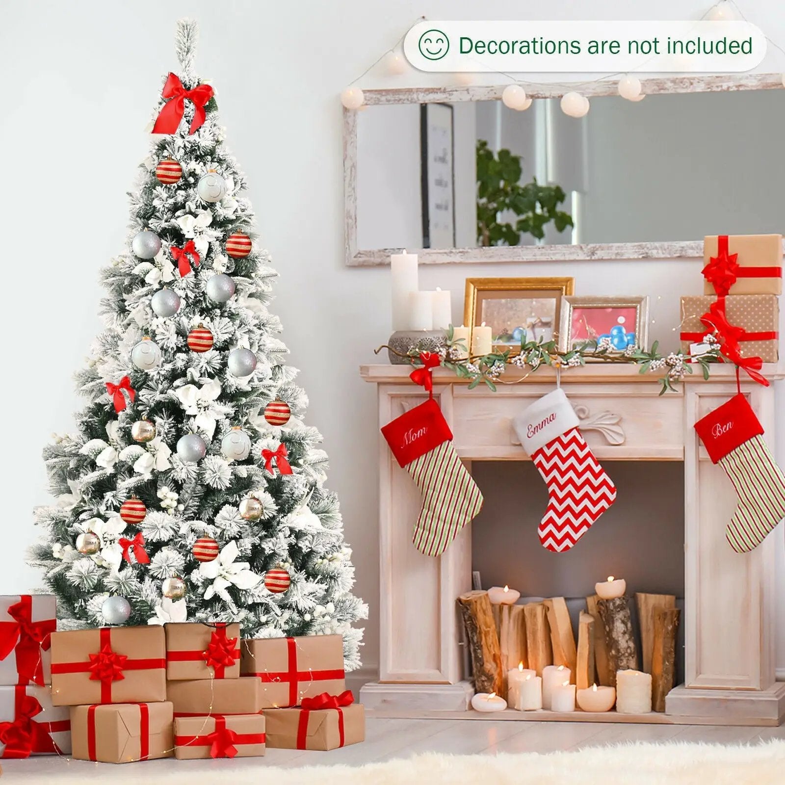 6 Feet Snow Flocked Hinged Christmas Tree with Berries and Poinsettia Flowers by DirectDeals