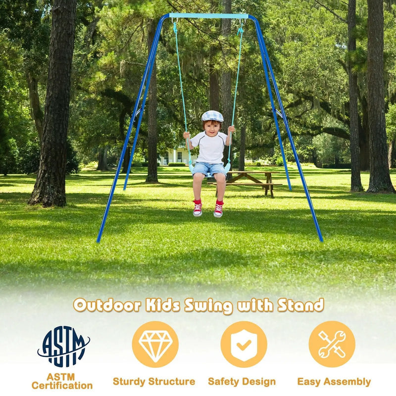 Outdoor Kids Swing Set with Heavy-Duty Metal A-Frame and Ground Stakes by DirectDeals