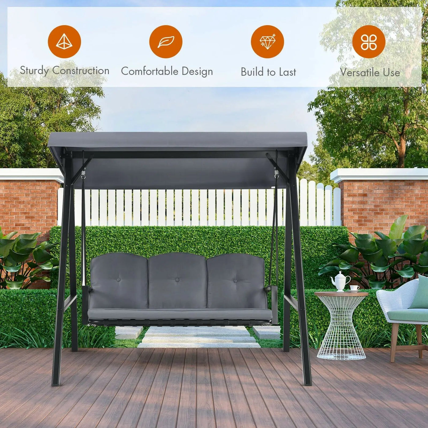Outdoor 3-Seat Porch Swing with Adjust Canopy and Cushions by DirectDeals