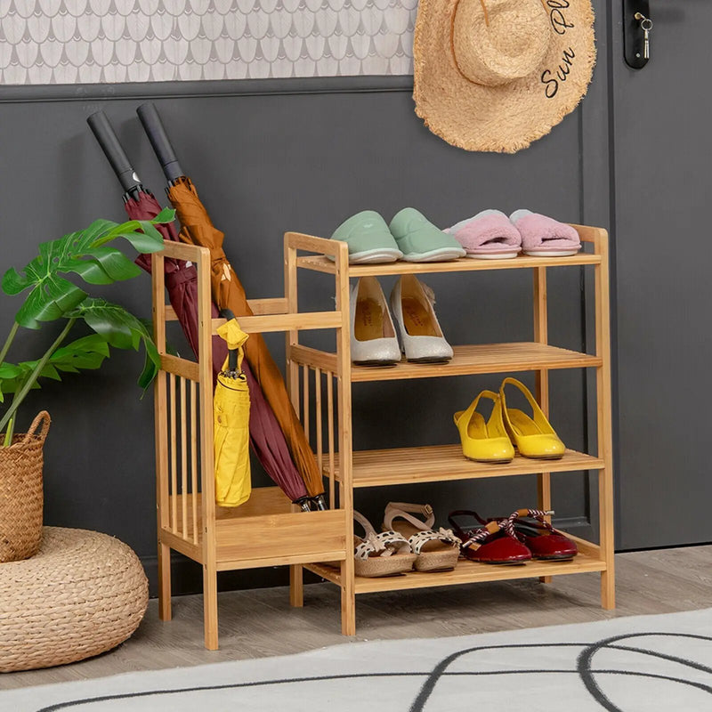 4-Tier Bamboo Shoe Rack Organiser with Umbrella Holder-Natural by DirectDeals