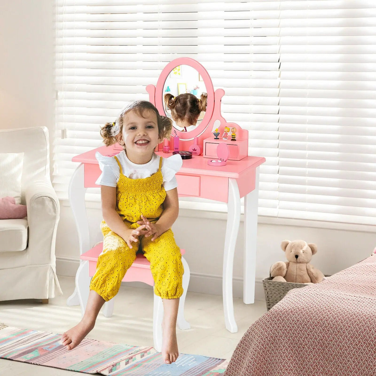 Kids Vanity Princess Makeup Dressing Table Stool Set with Mirror and Drawer by DirectDeals