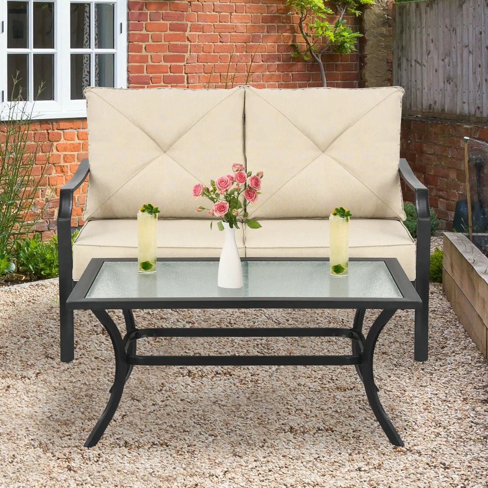 2 Pieces Patio Outdoor Cushioned Sofa Bench with Coffee Table-Beige by DirectDeals