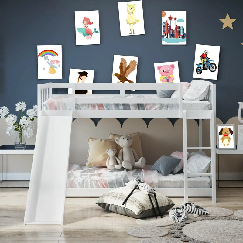 Twin over Twin Bunk Wooden Low Bed with Slide Ladder for Kids by DirectDeals
