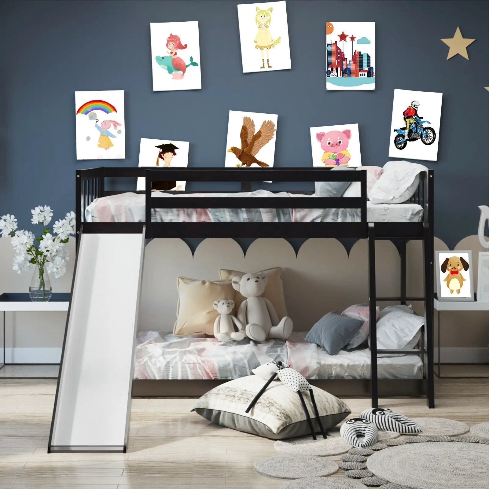 Twin over Twin Bunk Wooden Low Bed with Slide Ladder for Kids by DirectDeals