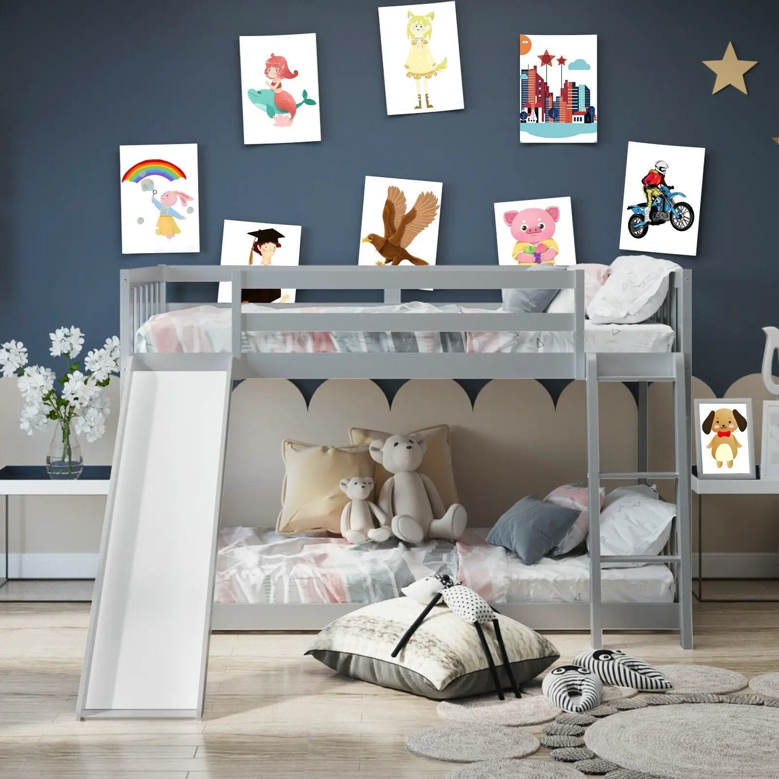 Twin over Twin Bunk Wooden Low Bed with Slide Ladder for Kids by DirectDeals
