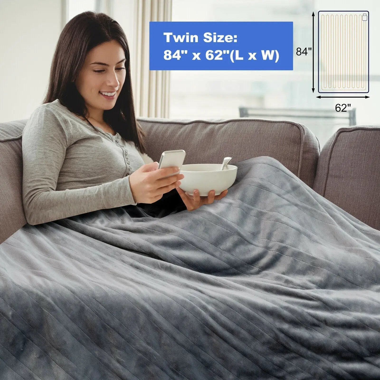 62 x 84 Inch Flannel Heated Electric Blanket with 10 Heating Levels-Gray by DirectDeals