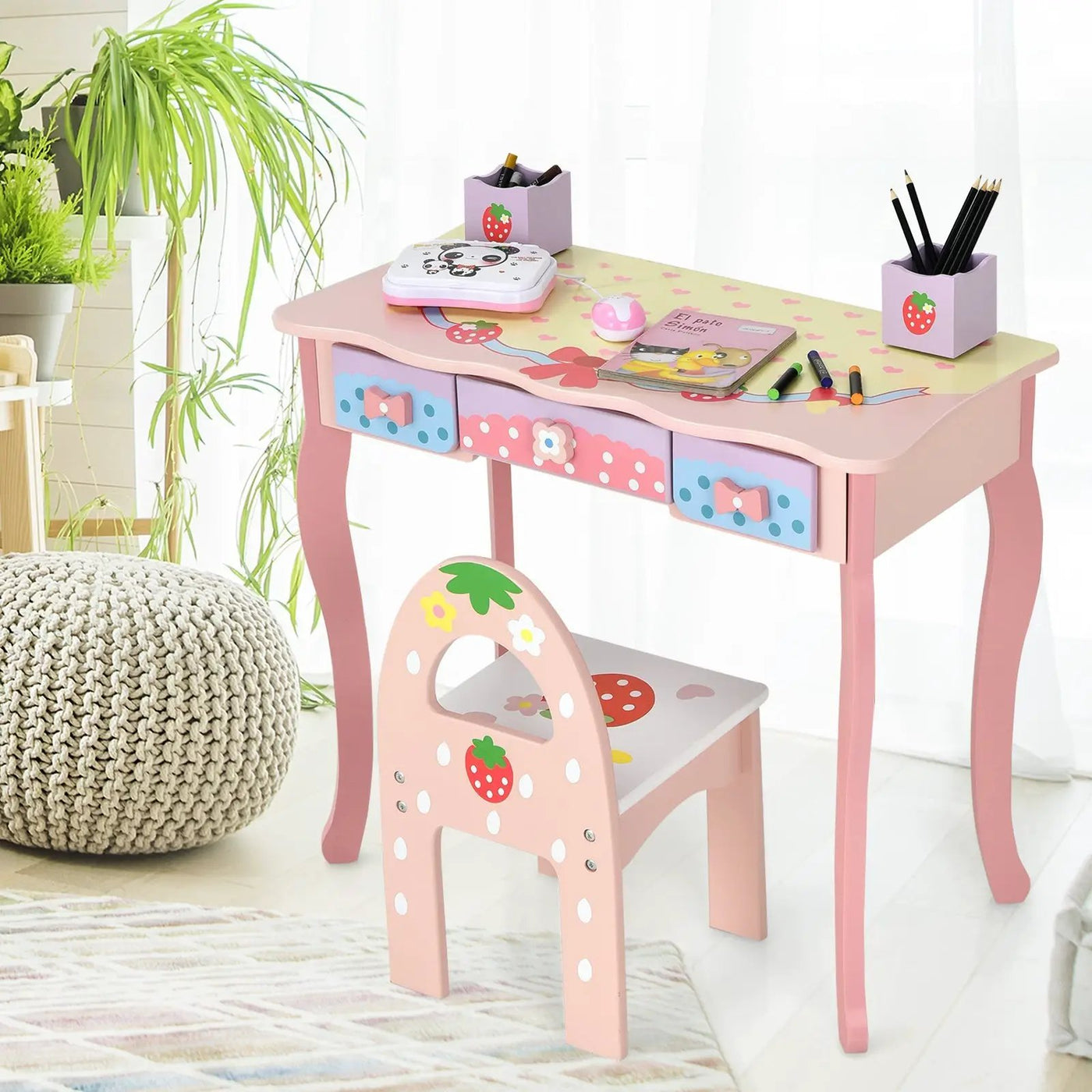 Kids Vanity Princess Makeup Dressing Table Chair Set with Tri-fold Mirror by DirectDeals
