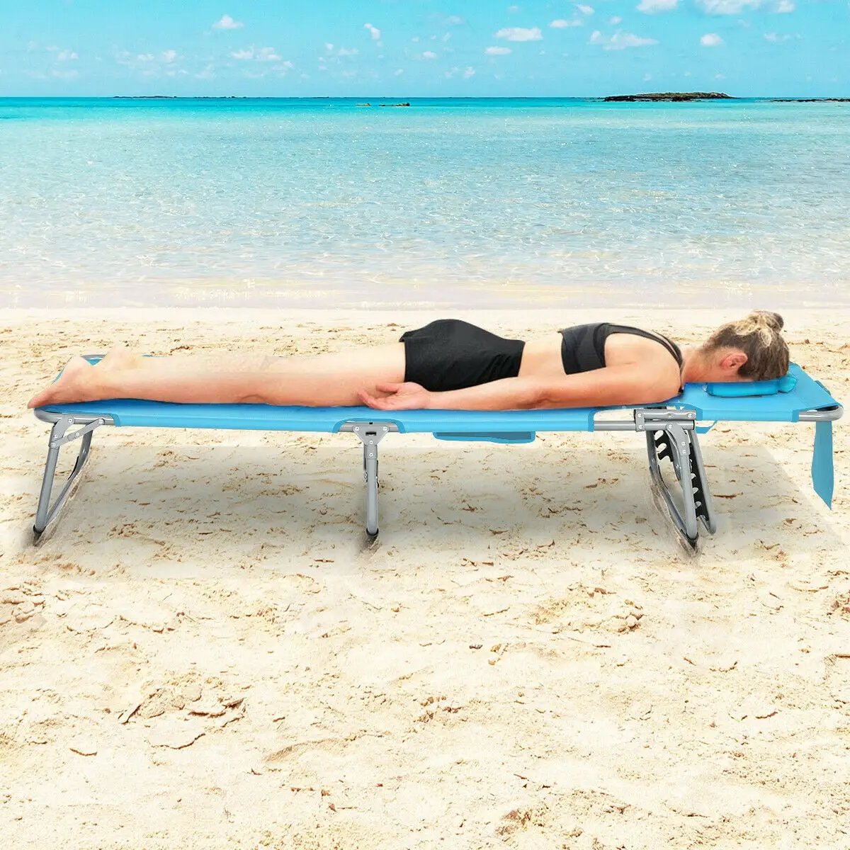 Folding Beach Lounge Chair with Pillow for Outdoor-Turquoise by DirectDeals