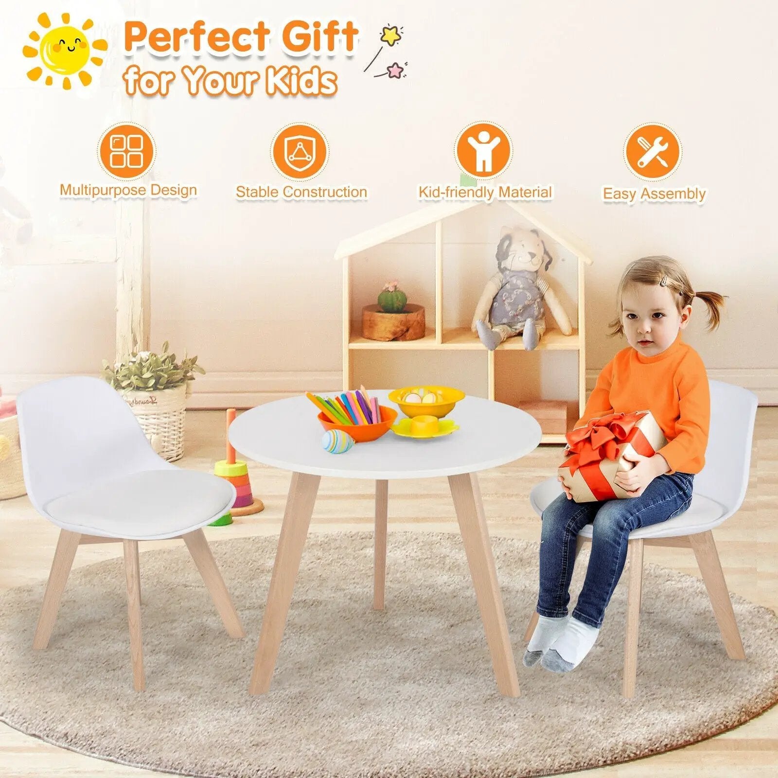 Modern Kids Activity Play Table and 2 Chairs Set with Beech Leg Cushion-White by DirectDeals