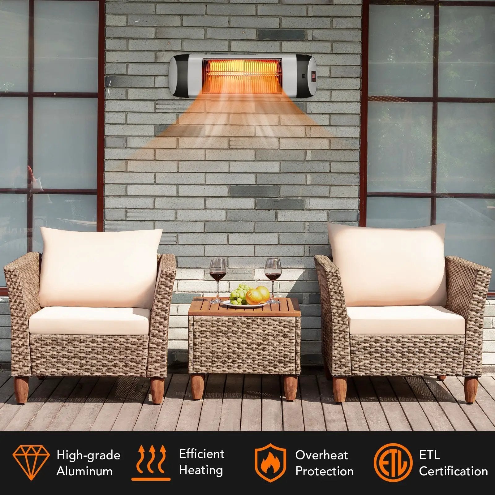 1500W Wall-Mounted Electric Heater Patio Infrared Heater with Remote Control by DirectDeals