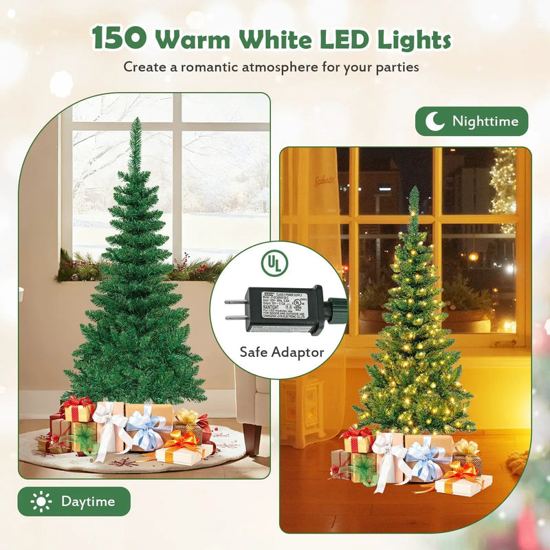 4.5 ft Pre-Lit Premium Hinged Artificial Fir Pencil Christmas Tree with LED Lights by DirectDeals