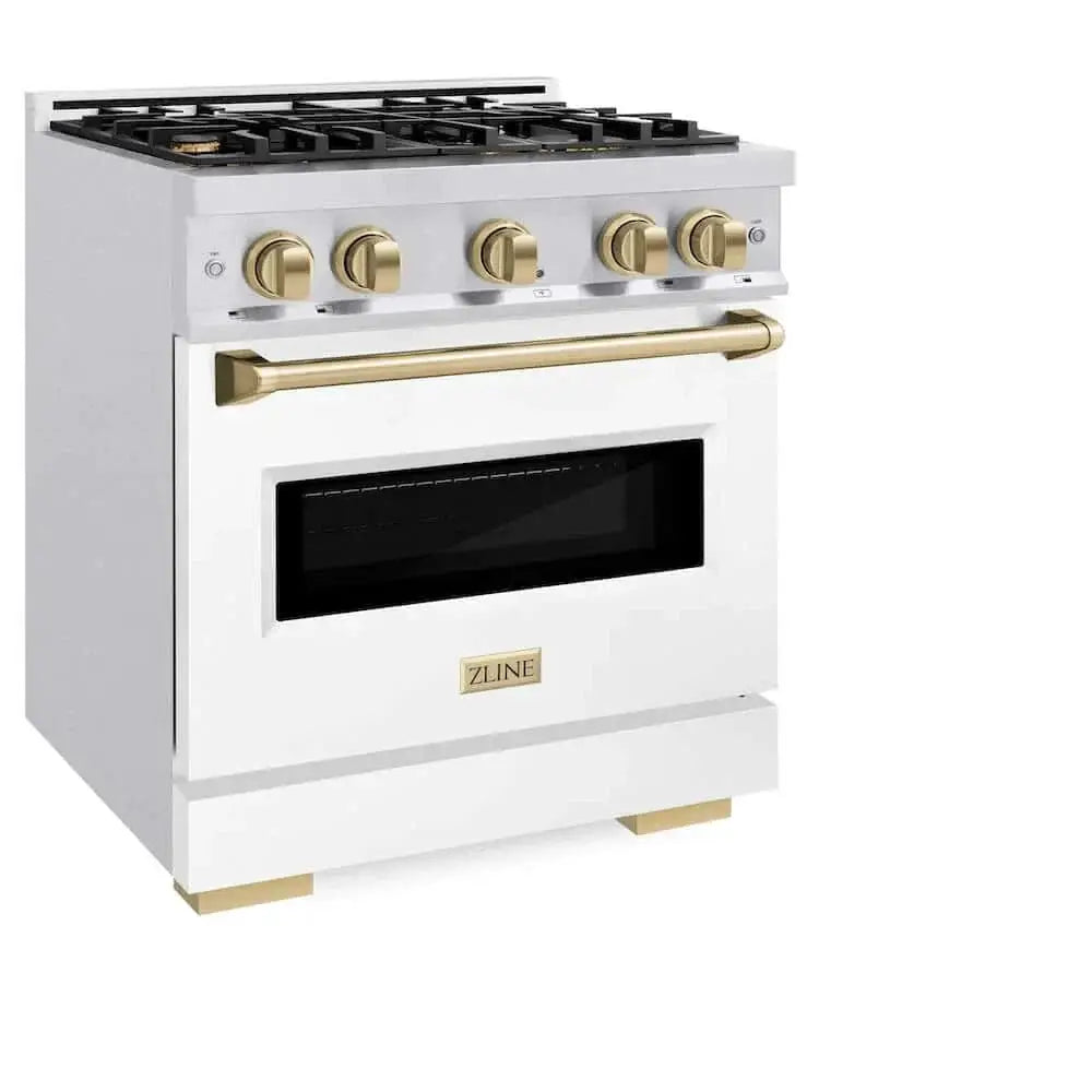 ZLINE 30"Classic Gas Range, Convection Gas Oven, DuraSnow® Stainless Steel, White Matte Door Champagne Bronze CGRSZ-WM-30-CB by Farmhouse Kitchen and Bath