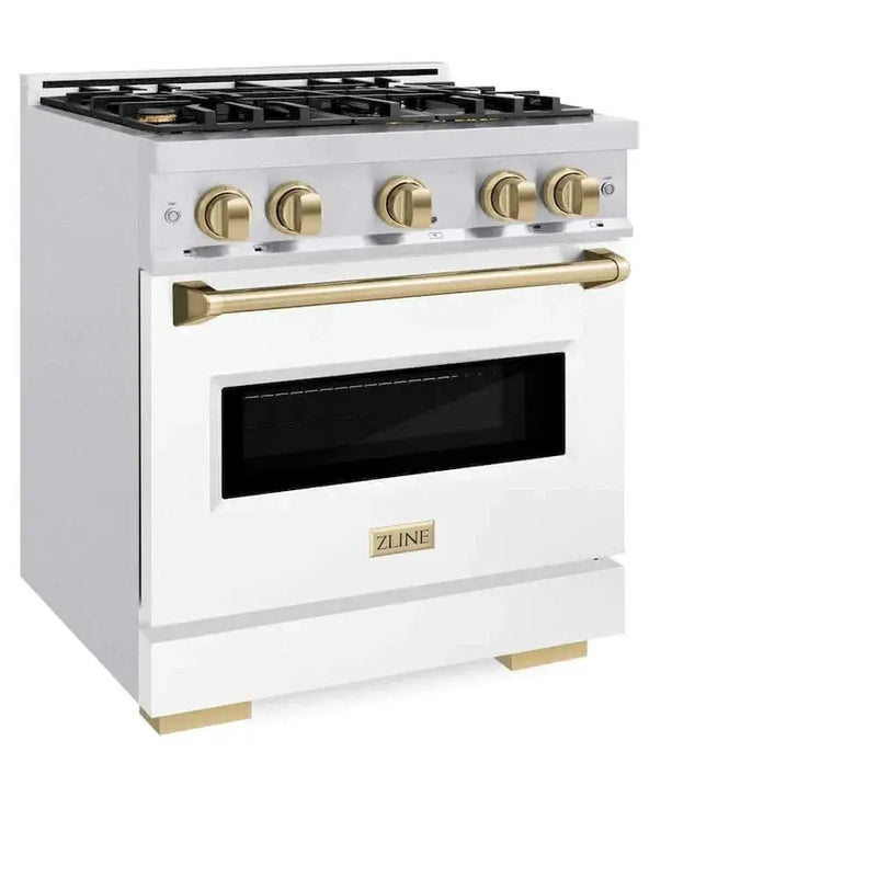 ZLINE 30"Classic Gas Range, Convection Gas Oven, DuraSnow® Stainless Steel, White Matte Door Champagne Bronze CGRSZ-WM-30-CB by Farmhouse Kitchen and Bath