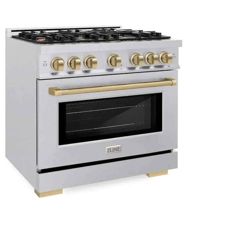 ZLINE 36" Select Gas Range Convection Gas Oven DuraSnow® Stainless Steel Gold HGRSZ-36-G by Farmhouse Kitchen and Bath