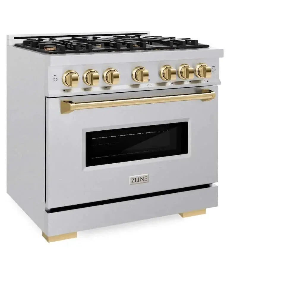 ZLINE 36" Dual Fuel Range, Gas Cooktop, Electric Convection Oven DuraSnow® Stainless Steel, Gold CDRSZ-36-G by Farmhouse Kitchen and Bath