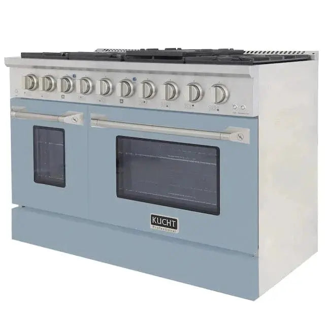 Kucht 48" Propane Range in Stainless Steel, Light Blue Doors, KNG481/LP-LB by Farmhouse Kitchen and Bath