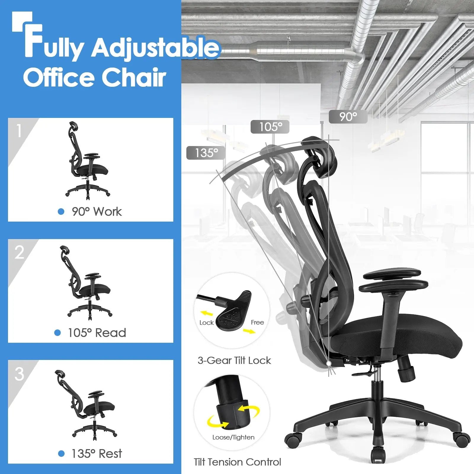 High Back Mesh Executive Chair with Adjustable Lumbar Support by DirectDeals