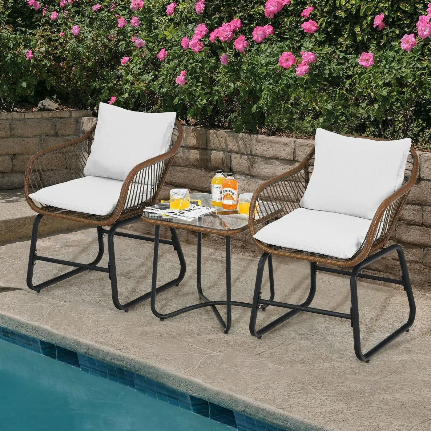 3 Pieces Patio Rattan Bistro Set Cushioned Chair Glass Table Deck by DirectDeals