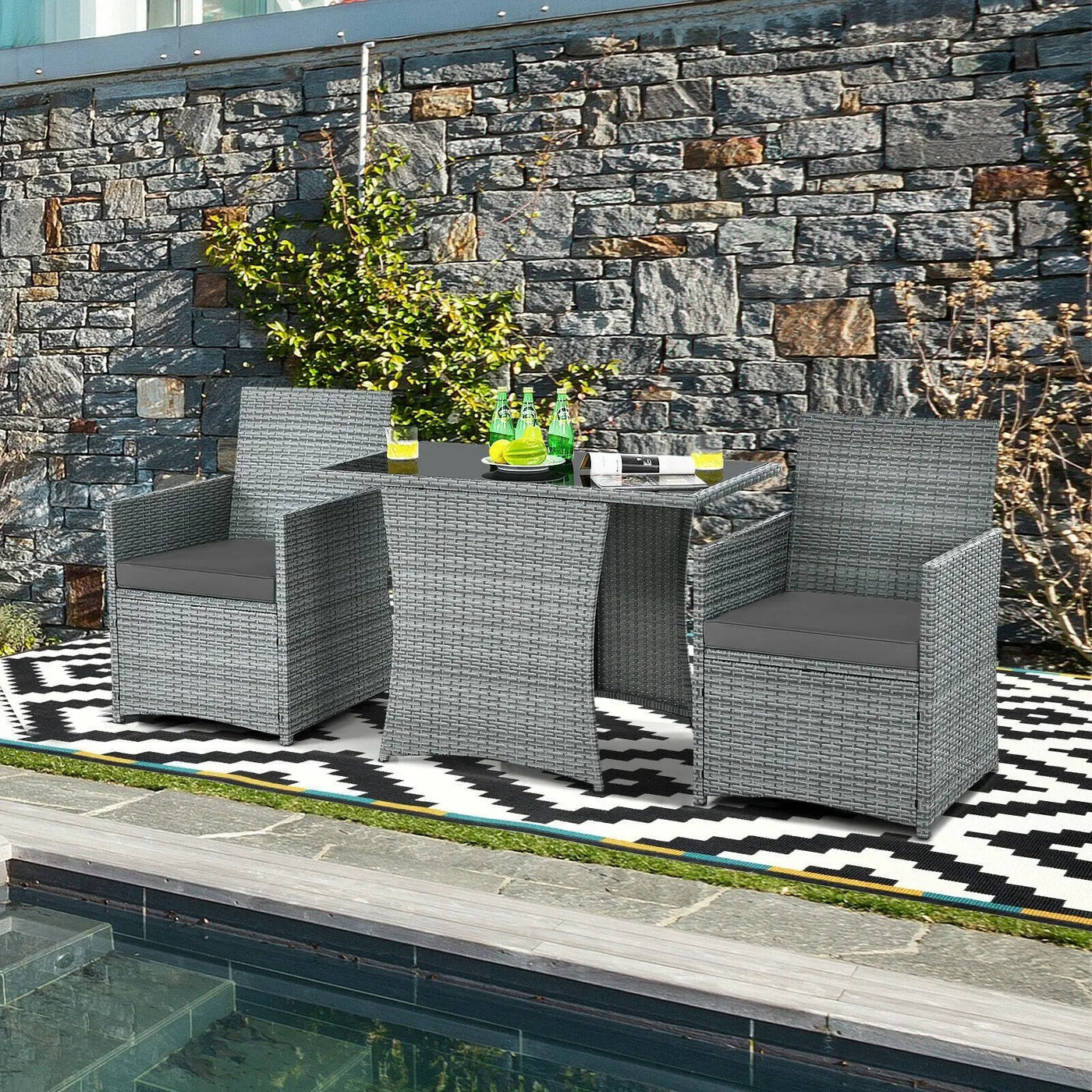 3 Pieces Patio Rattan Furniture Set with Cushioned Armrest Sofa by DirectDeals