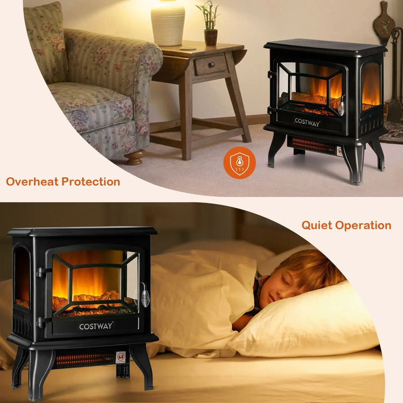 Freestanding Fireplace Heater with Realistic Dancing Flame Effect-Black by DirectDeals