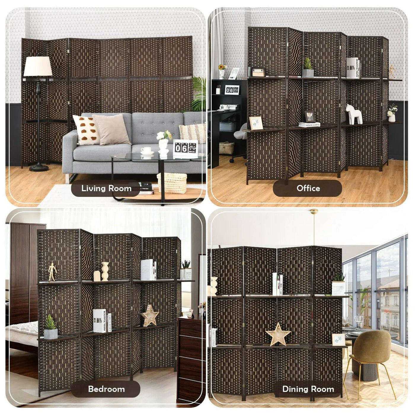 6 Panel Folding Weave Fiber Room Divider with 2 Display Shelves by DirectDeals
