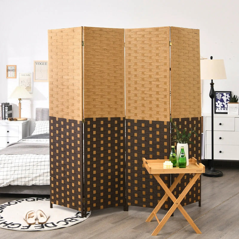 4 Panel Portable Folding Hand-Woven Wall Divider Suitable for Home Office-Brown by DirectDeals