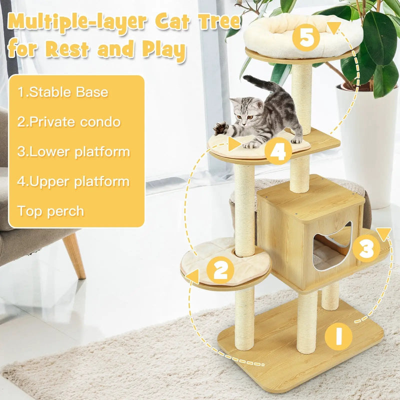 4 Levels Modern Wood Cat Tower with Washable Mats-Walnut by DirectDeals